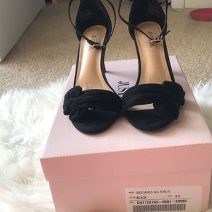 Just Fab black suede heels with small bow on toe